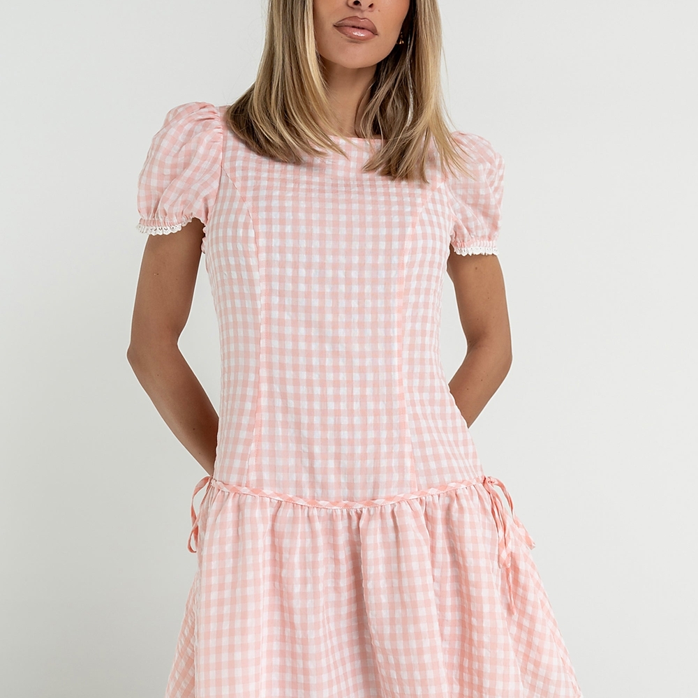 bohme Pink Gingham Puff-Sleeve Mini Dress